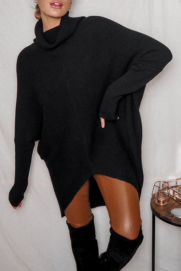 Perfect Winter Walks Knit Turtleneck High-low Hem Loose Midi Sweater Black