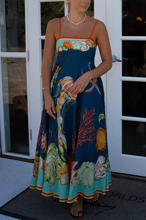 Linen Blend Unique Print Suspenders Back Pleated Pocket Resort Style Maxi Dress