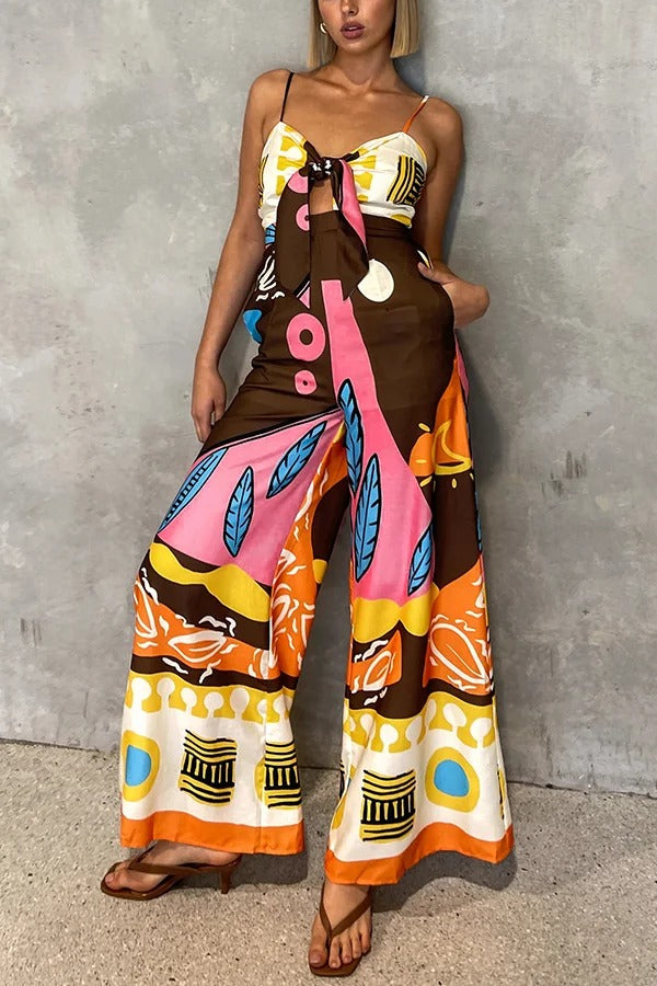 Unique Printed Suspenders Hollow Waist Wide-leg Jumpsuit
