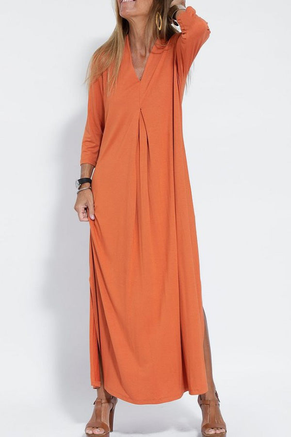 Fashion solid color V-neck three-quarter sleeves knitted long slit dress Orange