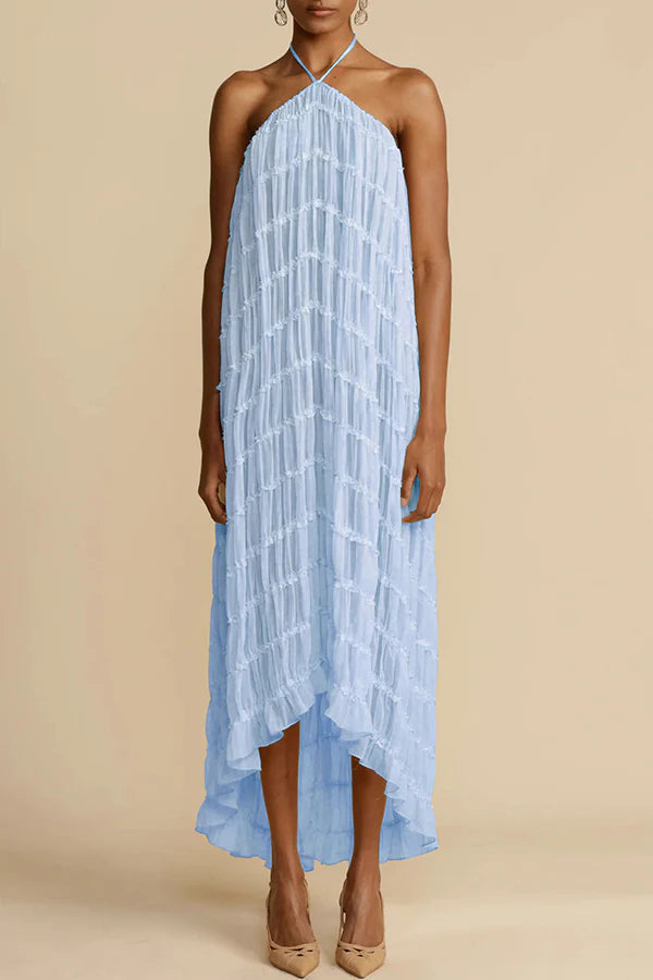 Versatility and Vintage Charm Pleated Drawstring Waist Tiered Maxi Skirt Blue