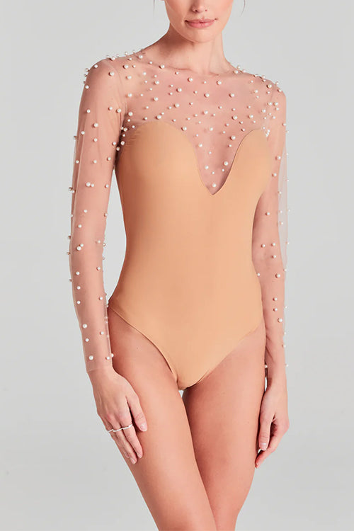 Long Sleeves Sheer Mesh Pearl Bodysuit Fleshcolor