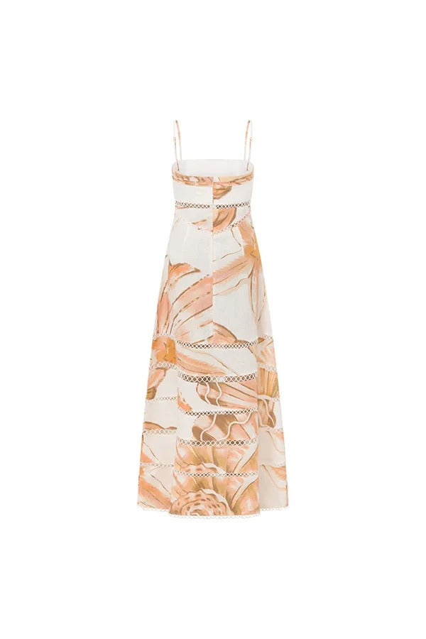 Daje Linen Blend Unique Print Round Hollow Trim Tie-up Bust Slip Maxi Dress