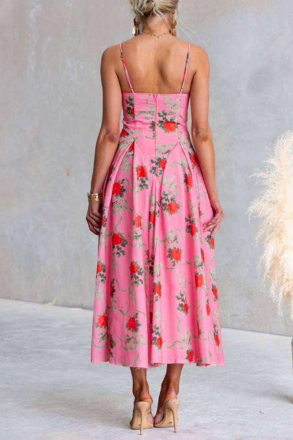 French Floral V-Neck Spaghetti Strap Fit-and-Flare Midi Dress