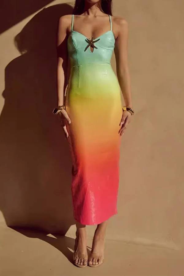 Chic Starfish Design Sequined Printed Sling Dress Green-Red