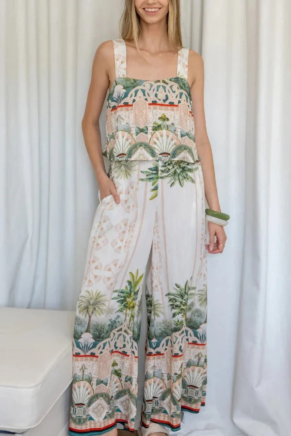Unique Printed Casual Elastic Waist Pockets Loose Wide-leg Pants
