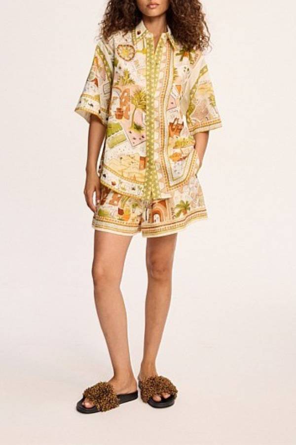 Retro Map Print Loose Shirt & Shorts Two-Piece Set