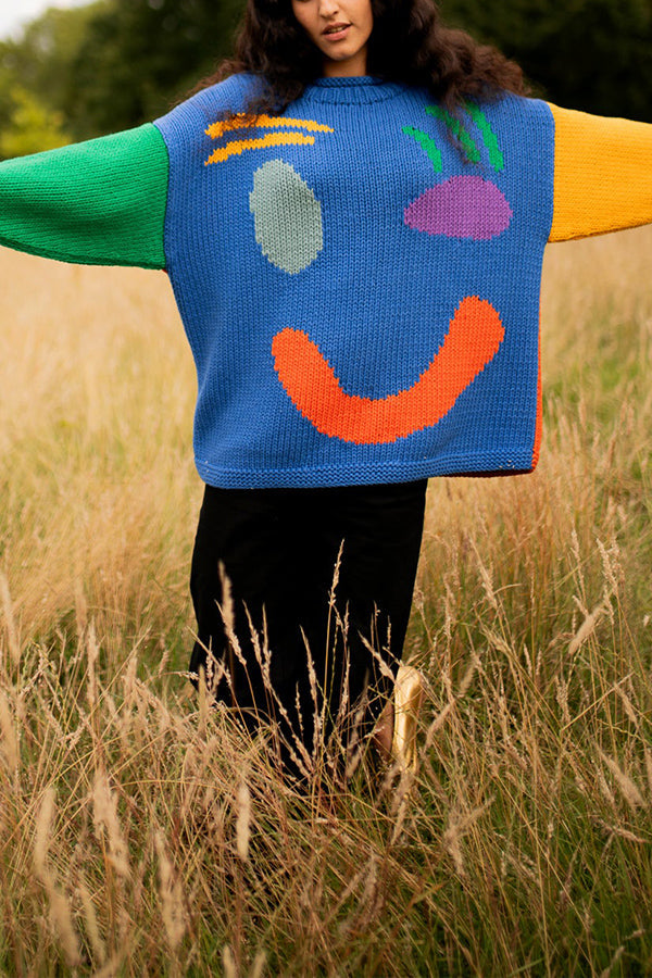 FEEL GOOD KNIT COLORFUL SMILEY FACE LOOSE PULLOVER SWEATER Pink