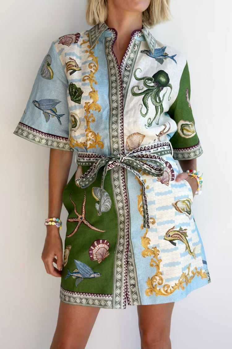 Deep Sea Dreaming Linen Blend Unique Print Tie-up Pocketed Shirt Mini Dress Blue