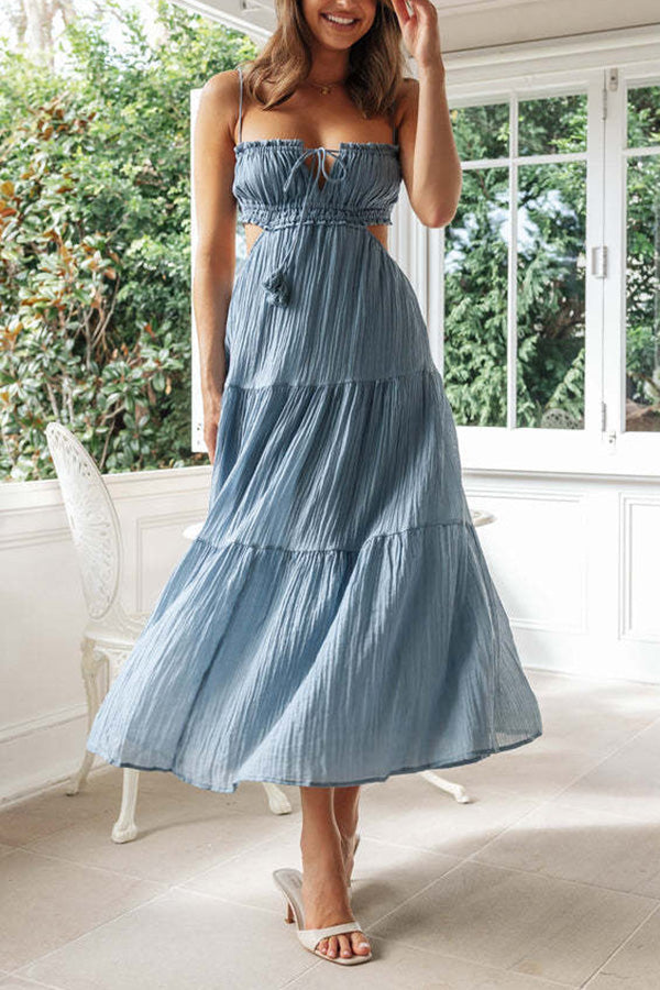 V-neck sleeveless solid color mosaic large swing long dress