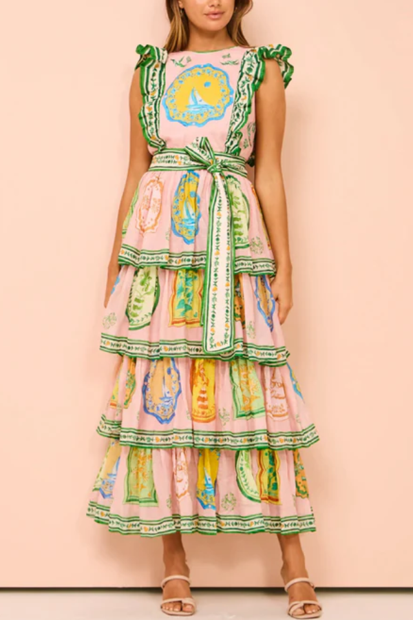 Sleeveless Ruffled Open Back Printed Beach Dress Pink