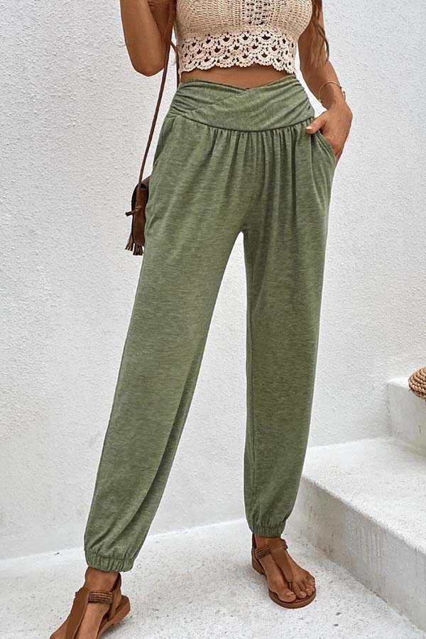 Temperament casual loose pocket high waist trousers Green