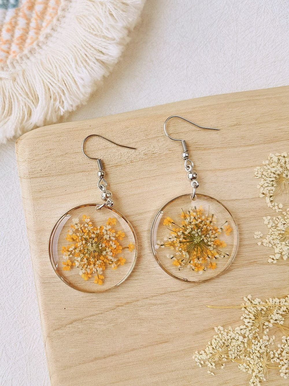 Forget Me Not Queen AnneLace Resin Pressed Flower Earrings Yellow one size