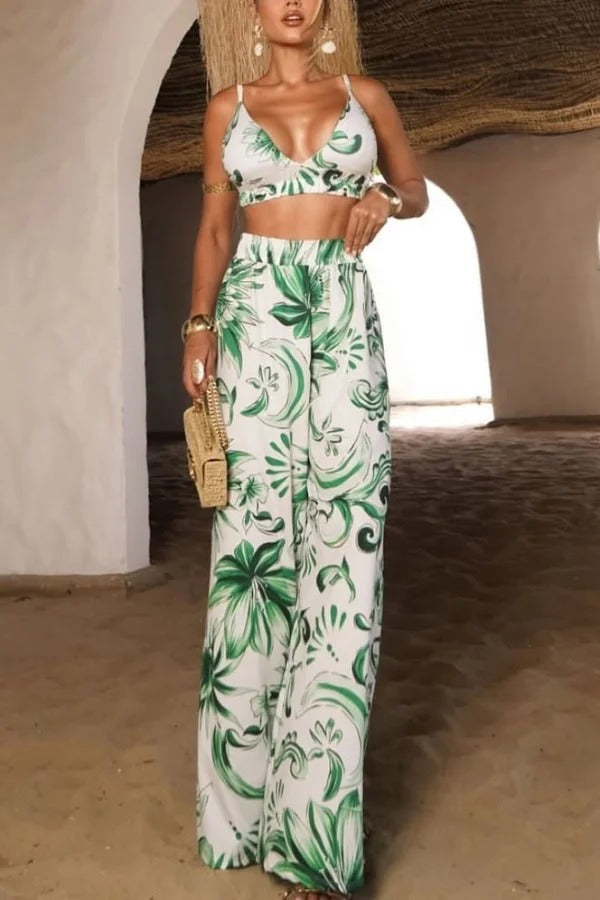Floral Print V-neck Camisole Top and Elastic Waist Wide-leg Pants Set