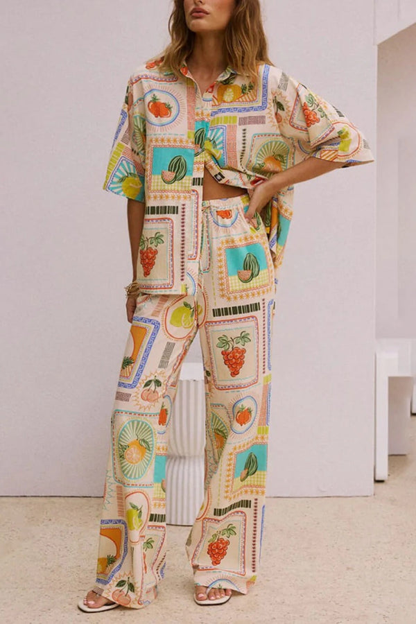 Casual Fashion Unique Print Loose Short-Sleeved Shirt Straight Pants Set multicolor