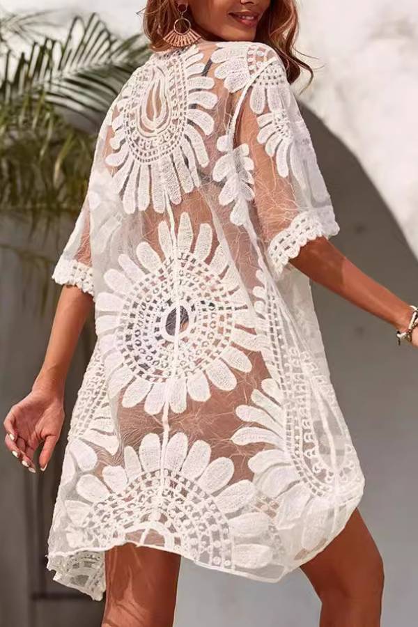 Multi-Color Sunflower Lace Sheer Beach Kimono Cardigan