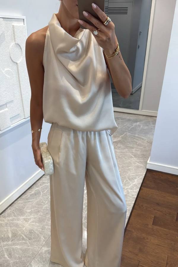 Classic on You Satin High Cowl Neck Top and Elastic Waist Pocket Loose Pants Set