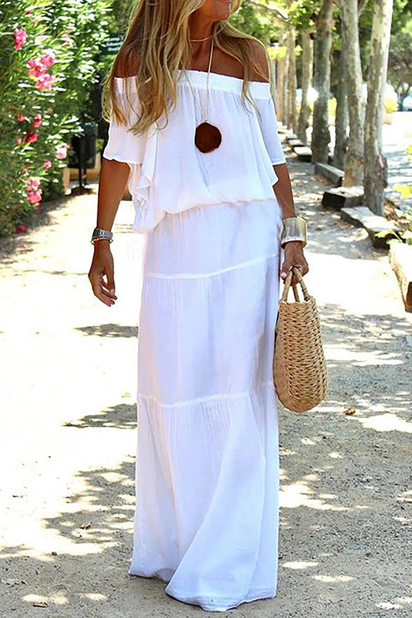 Casual Off Shoulder Solid Beach Maxi Dress White