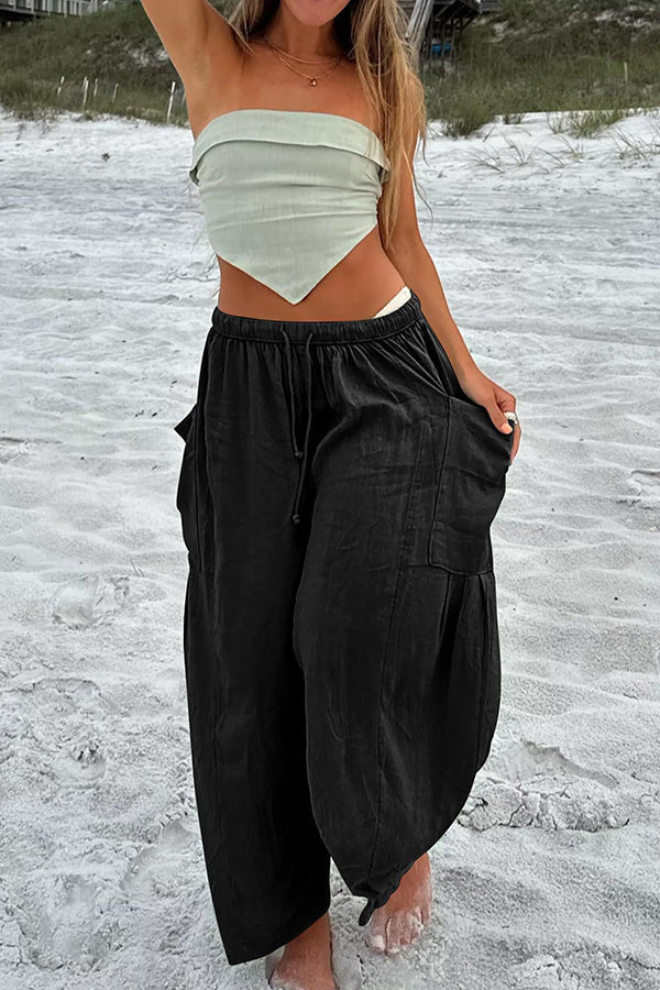 Diani Linen Blend Drawstring Waist Pocketed Loose Pants Black