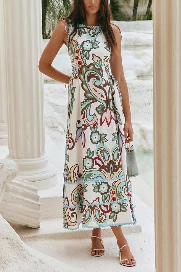 Paisley Print Lace-Up Waist Sleeveless Dress