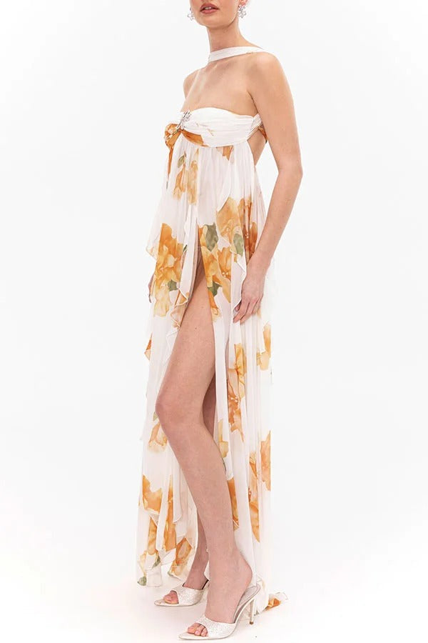 Romance and Freedom Floral Print Ruffles Halter Backless Slit Maxi Dress