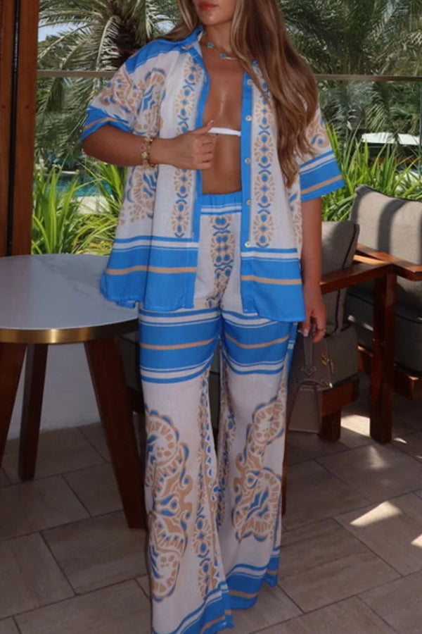Vacation exotic print casual two-piece set Blue