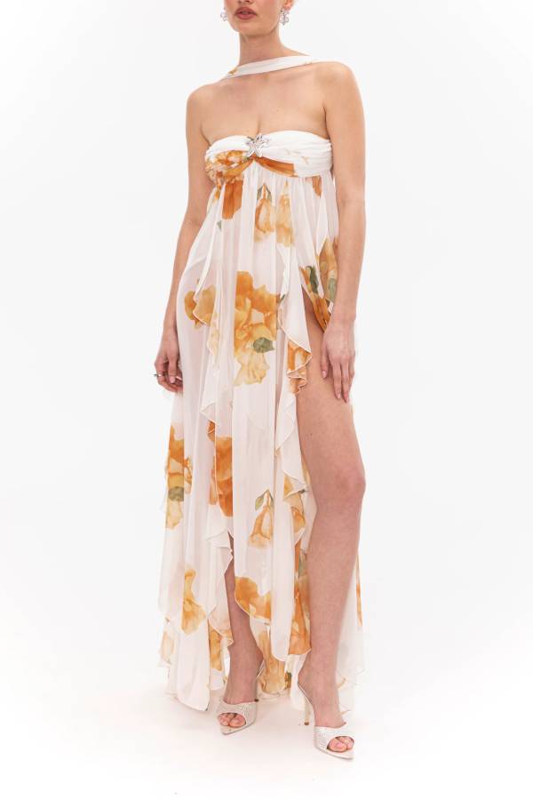 Mariah Floral Print Starfish Brooch Inverted Halter Neck Slit Ruffles Maxi Dress