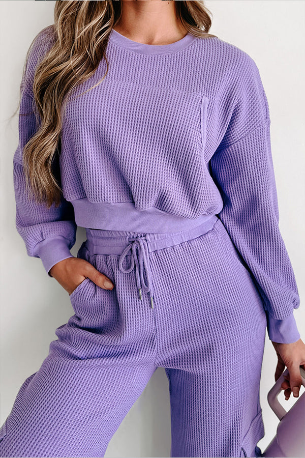 Weekend Hangs Waffle Knit Pullover and Pocket Pants Loungewear Set
