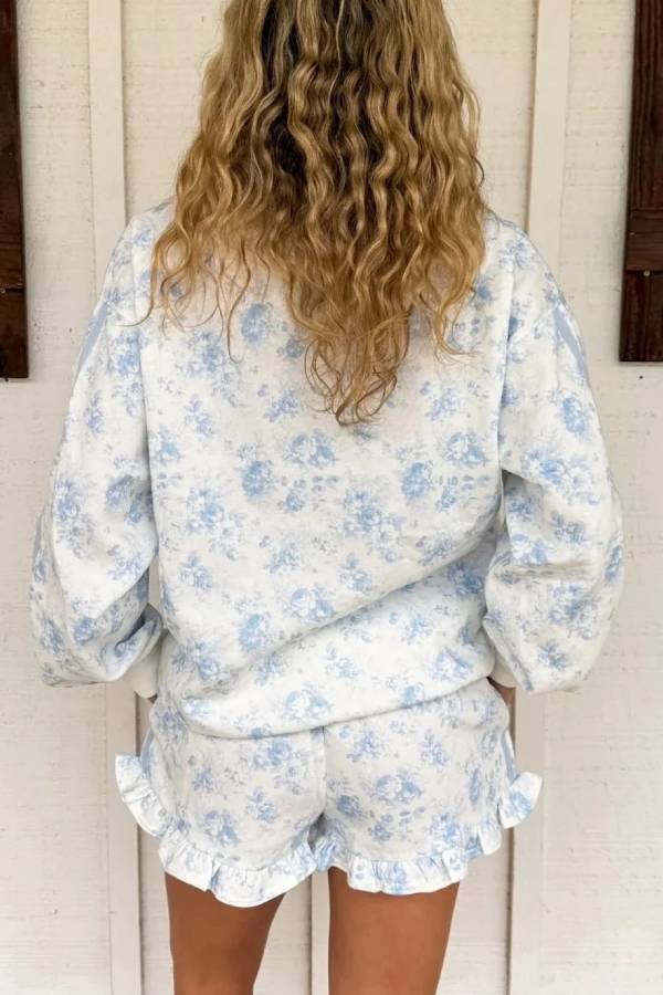 Vintage Floral Ruffle Sweatshirt & Shorts Two‑Piece Set