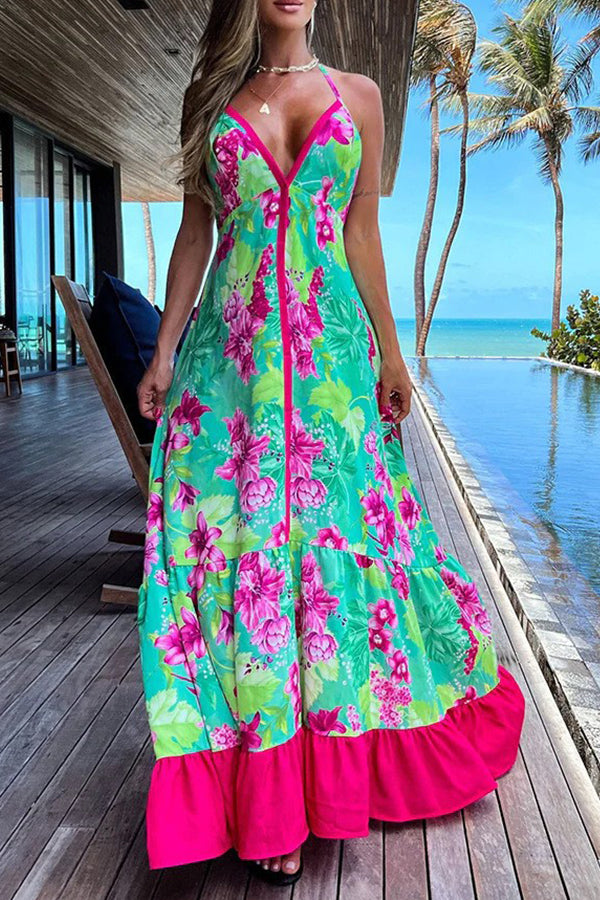 Fashion print V-tie dress Green