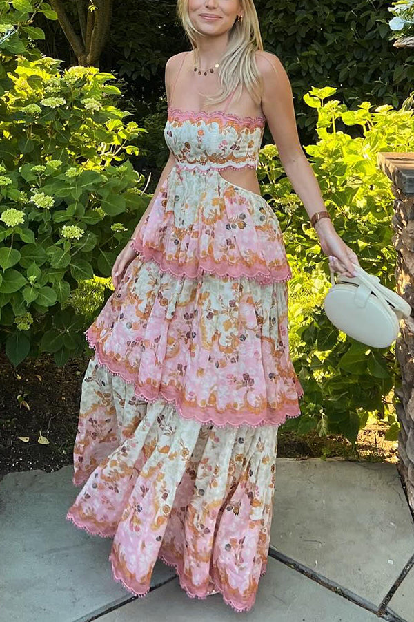 Charming Smile Floral Print Scalloped Lace-trim Back Tie-up Tiered Maxi Dress Pink