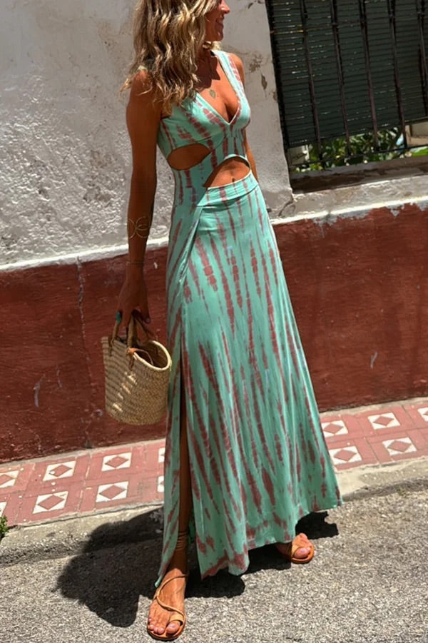 Eleanor Tie-dye Print Cutout Design Slit Stretch Dress Green