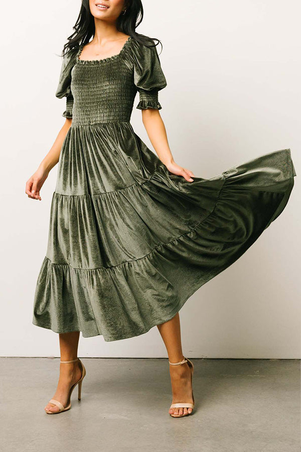 Gold velvet square neck ruffled high waist tight temperament commuter dress Green