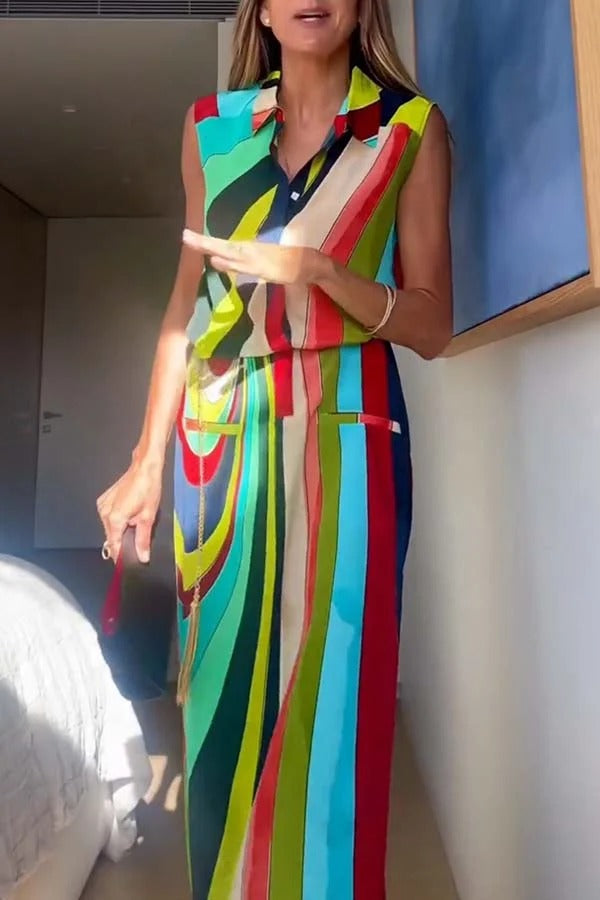 Robe longue à imprimé coloré, audacieuse et élégante, boutonnée, avec poche et fente en H