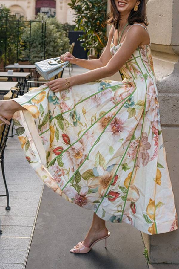 Halter Thin Strap Oil Painting Floral Boned Corset Midi Dress