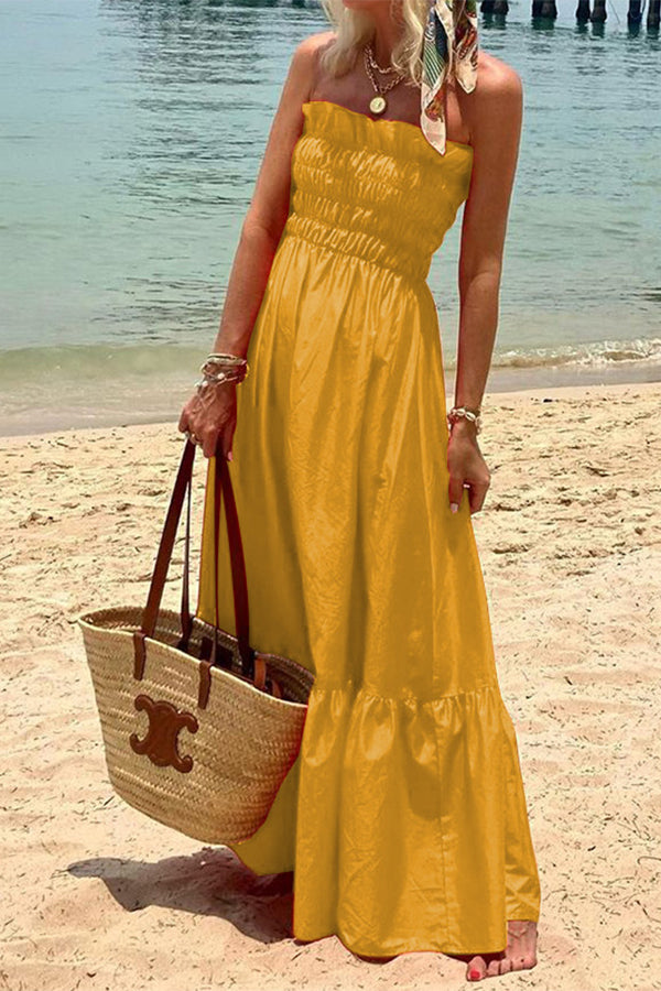 Passionate Beach Pleated Bandeau Resort Long Dress Yellow