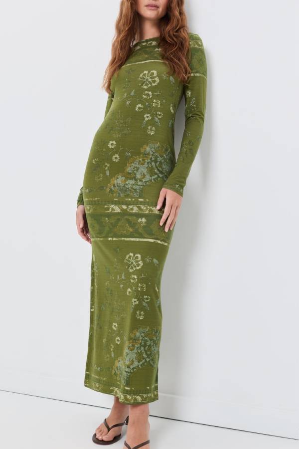 Vintage Botanical Floral Print Long‑Sleeve Fitted Knit Midi Dress