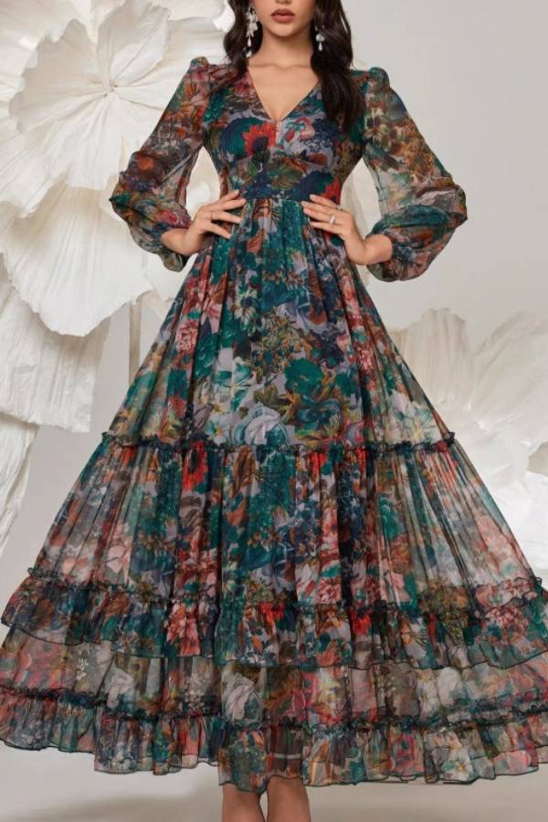 Vintage Oil Painting Floral Print V-Neck Puff Sleeve Tiered Ruffle Maxi Dress