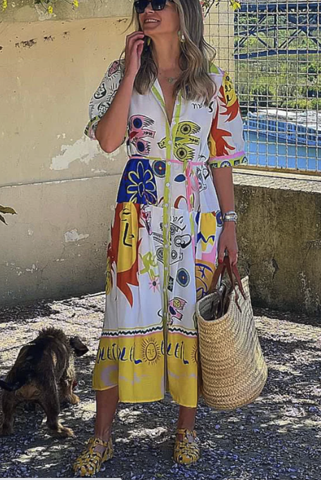 Chasing The Sun Unique Print Pocketed Shirt Midi Dress Multicolor