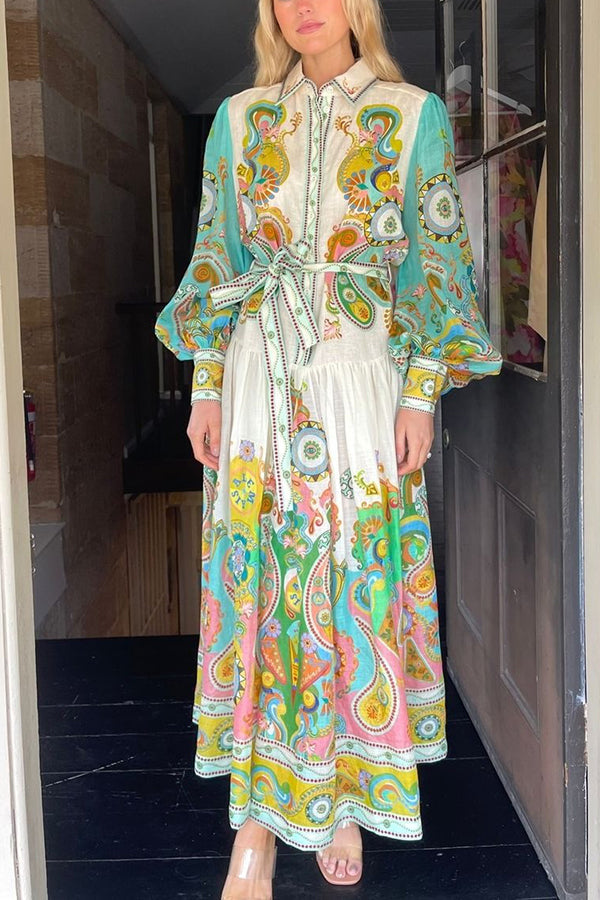 Unique Print Balloon Sleeve Belt Shirt Midi Dress Multicolor