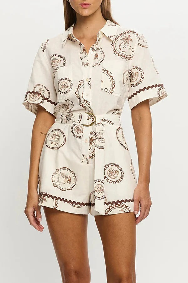 Resort Style Print Lapel Short Sleeves Casual Pocket Waist Tie Loose Rompers