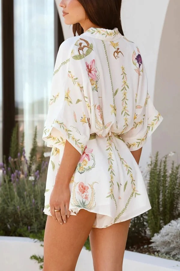 Plant Print Lapel Half Sleeve Tie Waist Loose Rompers