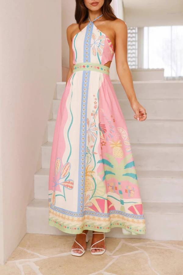 Tropical Print Halter Cutout Maxi Dress