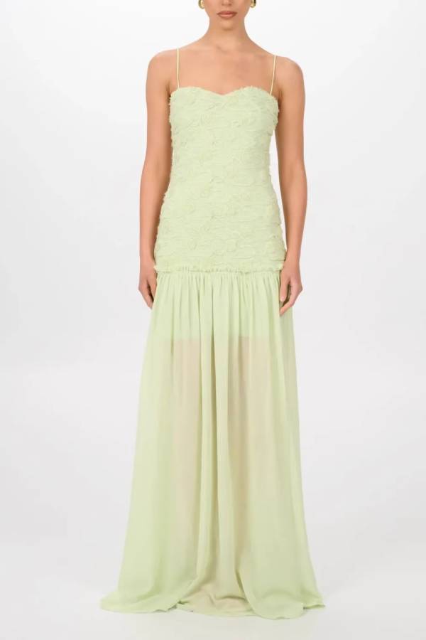 3D Rose Lace Panel Chiffon Flowy Maxi Dress
