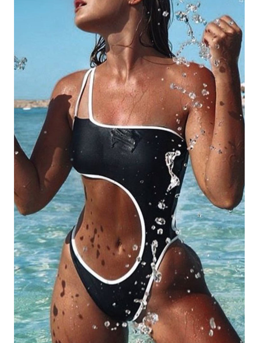 One Shoulder Cutout Patchwork Black One-piece Swimsuit Black