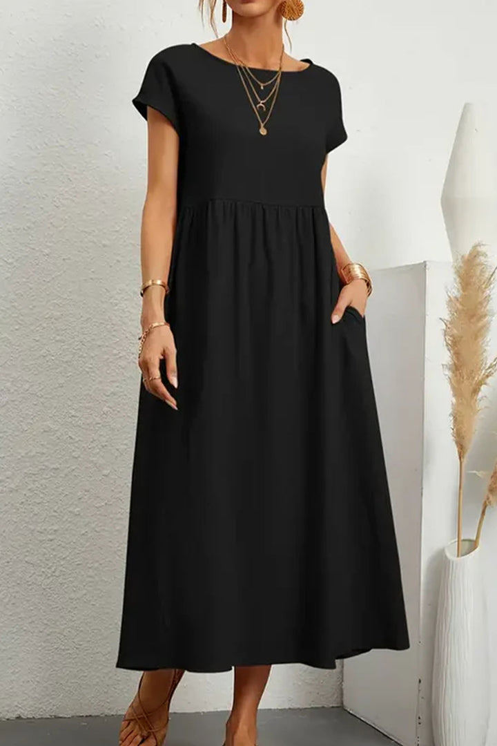 Cotton Linen Solid Short Sleeve Midi Dress Black