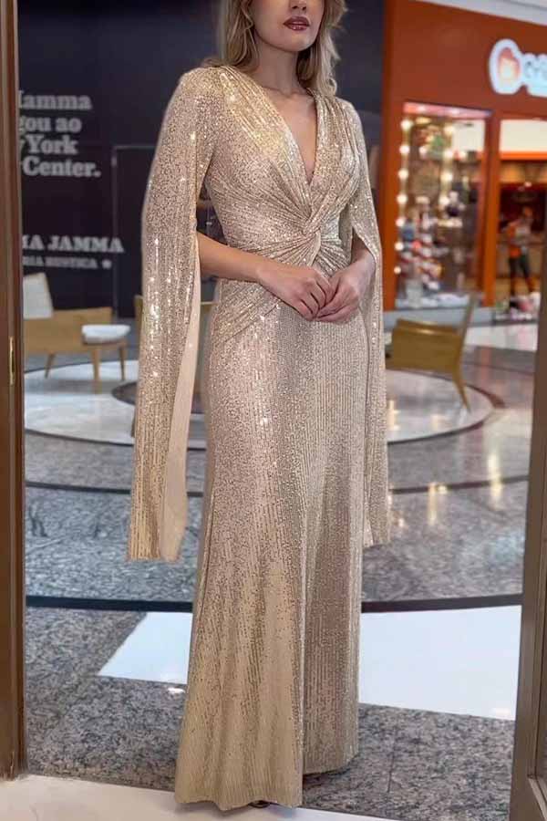 Shine Brighter Sequin Cape Sleeve Cross Waist Evening Maxi Dress Gold
