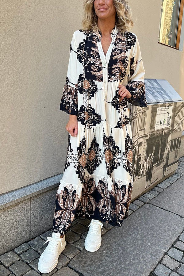 Gracie Paisley Print Button Up Bell Sleeve A-line Maxi Dress Black