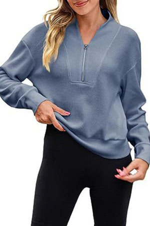 Waffle zipper V-neck pullover long-sleeved sweater Blue