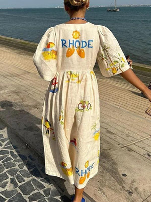 Robe mi-longue à manches bouffantes et imprimé floral folklorique unique pour les fêtes